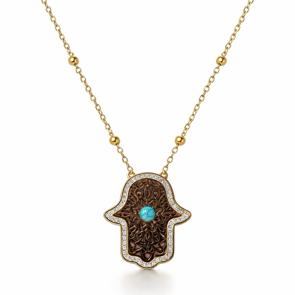 Elegant Gold and Brown Hamsa Pendant Necklace - Picture 5 of 5